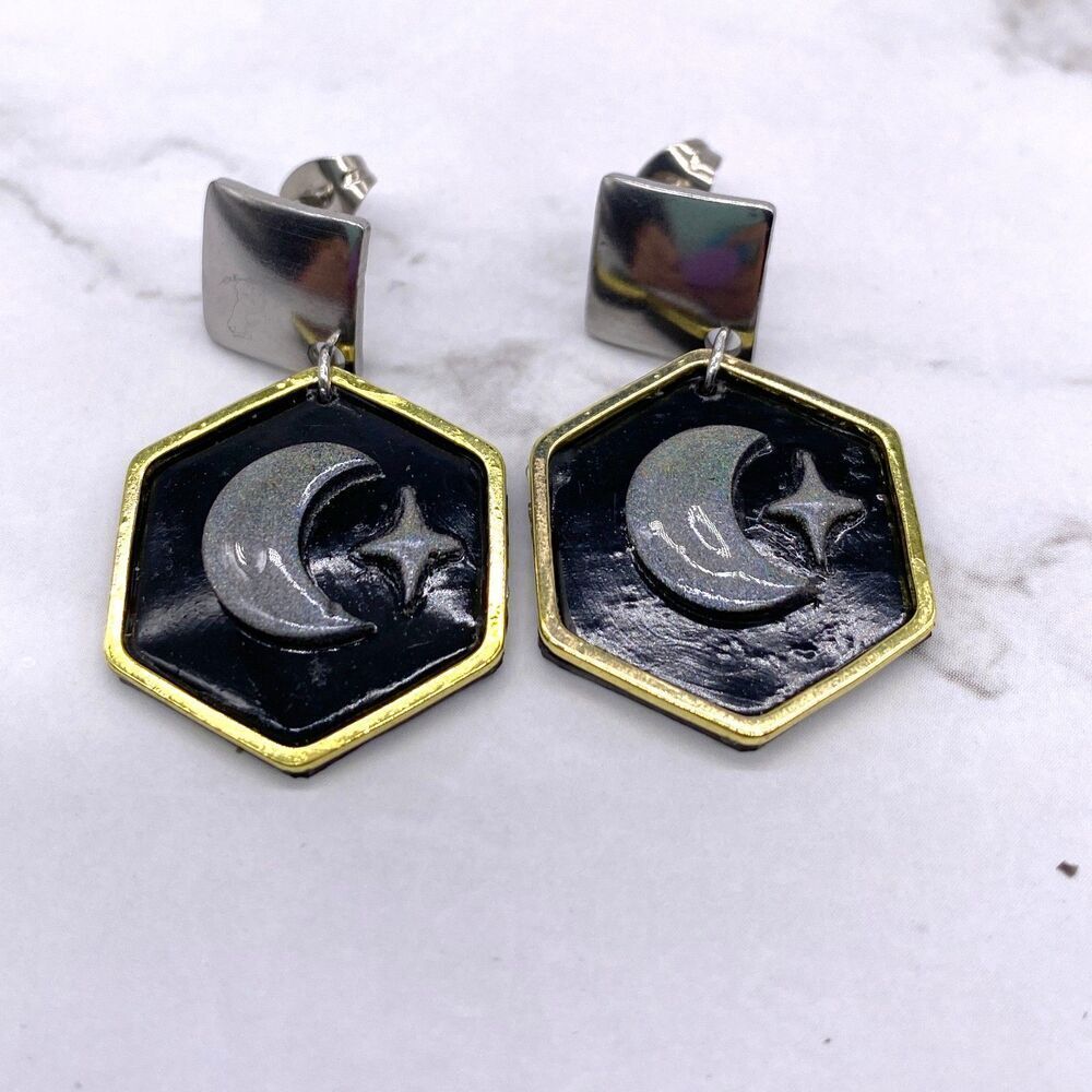 Black Holographic Celestial Crescent Moon Dangle Stud Earrings - Picture 12 of 15